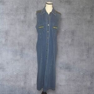 Vintage Contact Jeans Denim Jumper Dress Embroidered Aztec Trim Womens L  Retro‎